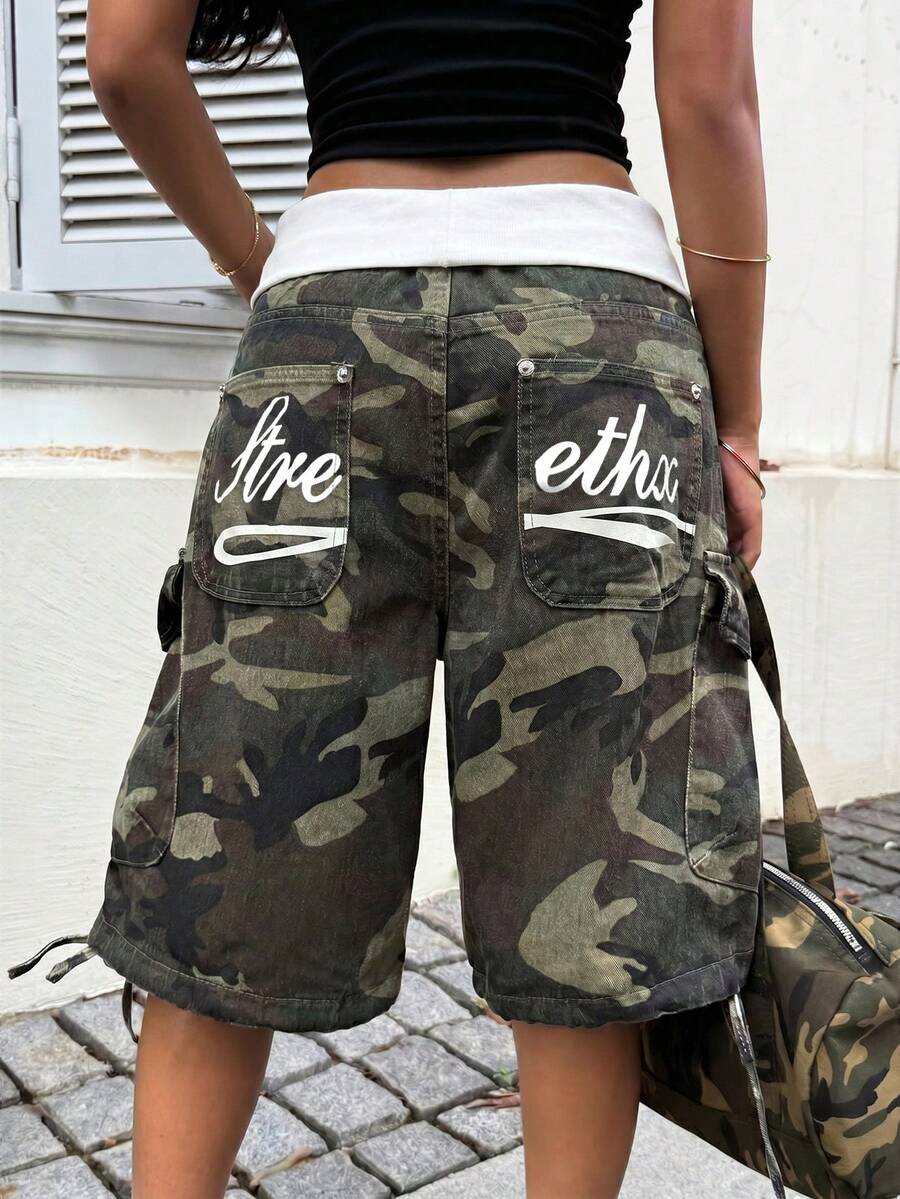 Quần short denim nữ in họa tiết rằn ri, có túi, cạp chun, dáng rộng, thoải mái. - Nhiều màu - Xem 1