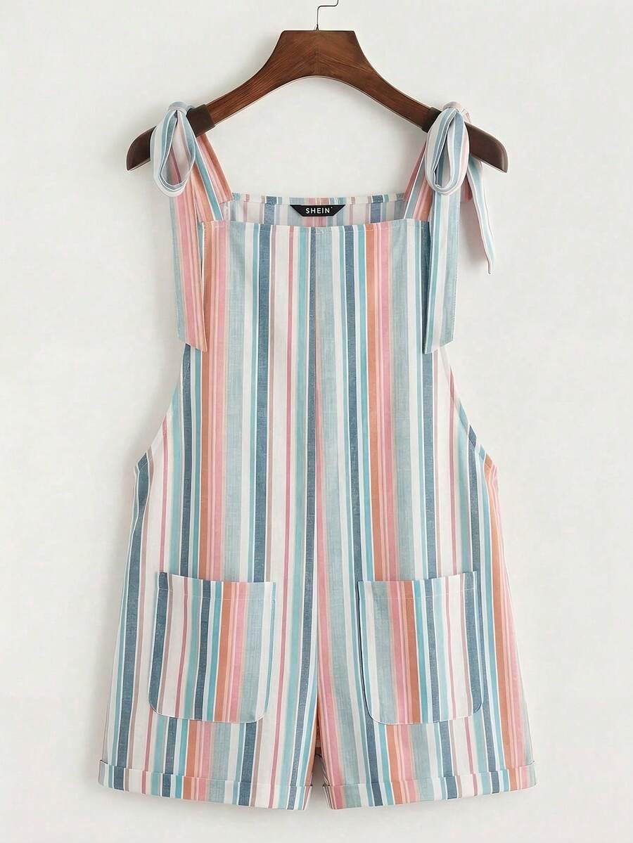 SHEIN EZwear 女士休闲度假系带口袋拼接连体裤，条纹度假风，夏季女装 - 彩色 - 查看 1