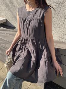 FRIFUL Women's Solid Color Round Neck Ruffle Hem Casual Sleeveless Blouse Summer - Grey - View 5