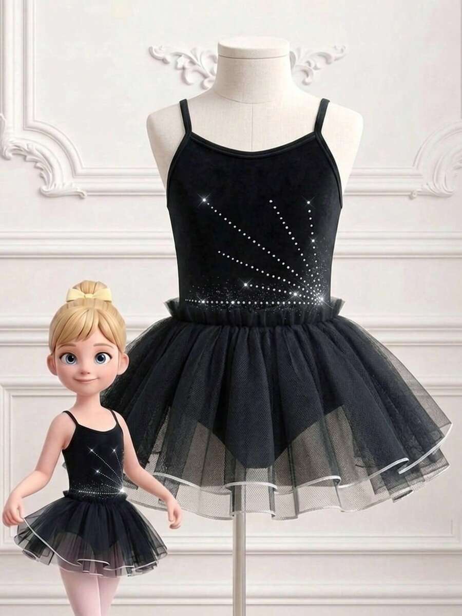 SHEIN Young Girl' Professional Ballet Tutu Dress, Adorable Sleeveless Black Design With Rhinestone Decor, Multi-Layer Soft Mesh And Stretchy Fabric, Cute Fairy Style, Perfect For Ballet Classes And Recitals, Lightweight And Skin-Friendly