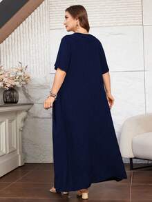 Lacomfia Women's Short Sleeve Loose Elegant Comfortable Minimalist Plus Size Dress With Pockets - Navy Blue - View 2