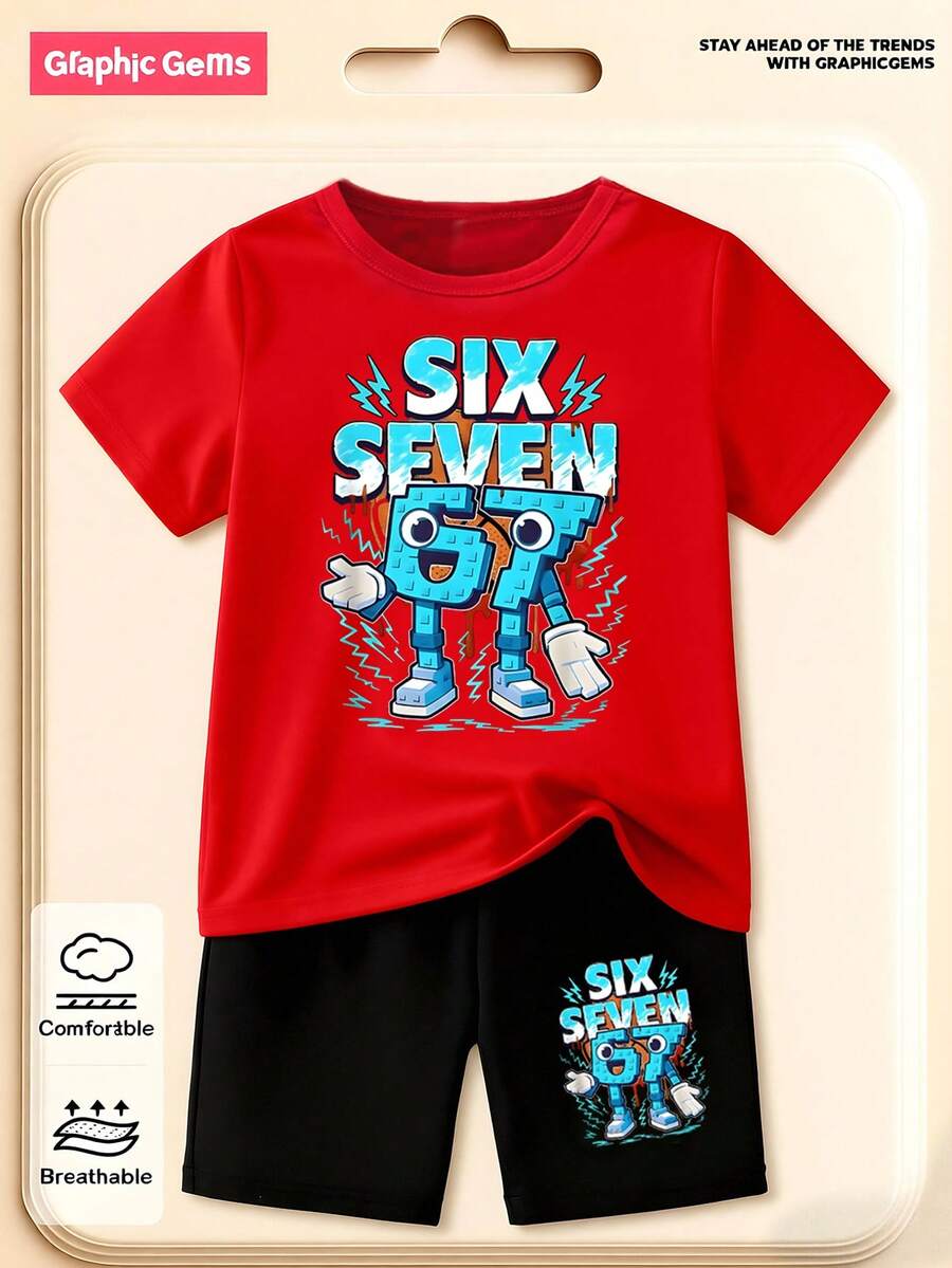 SHEIN 2pcs/Set Toddler Boys' Creative Graphic 67 Building Block & Lightning Bolt Letter Print Short Sleeve T-Shirt And Shorts,Summer,School,Back-To-School - Multicolor - View 1