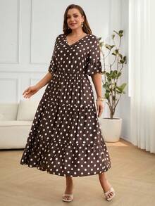 EMERY ROSE Vestido Elegante de Manga Curta com Decote em V e Bolinhas para Mulheres Plus Size - Multicolorido - Visão 7