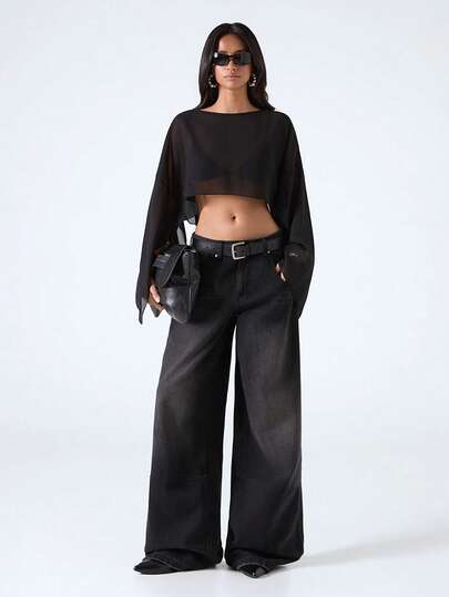 LYSMO Petite Women's Sexy Vacation Style Solid Color Semi-Sheer Split Long Sleeve Cropped Top, Suitable For Spring, Summer And Autumn