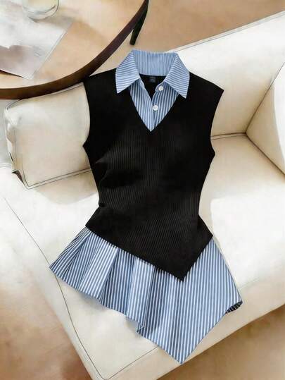 SHEIN Franclia Women's Elegant And Casual Women'S Fake Two Pieces Striped Peplum Top Collared V Neck Sleeveless Fitted Blouse For Office Work Preppy Style,For Business Casual Office Wear,For College Campus,For Daily Streetwear And Special Occasions,For School Uniform Casual Outfit, For Professional Workwear, Casual Blouse For Women, Blouses For Women Party