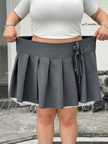 SHEIN CURVE+ 大码女式休闲侧系带百褶短裙，配打底裤，拼接蕾丝裙 - 深灰色 - 查看 4