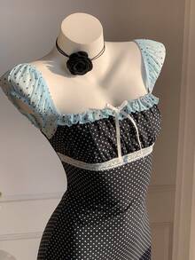 Vestido de mujer con estampado de lunares y parches de encaje - Negro - Ver 2