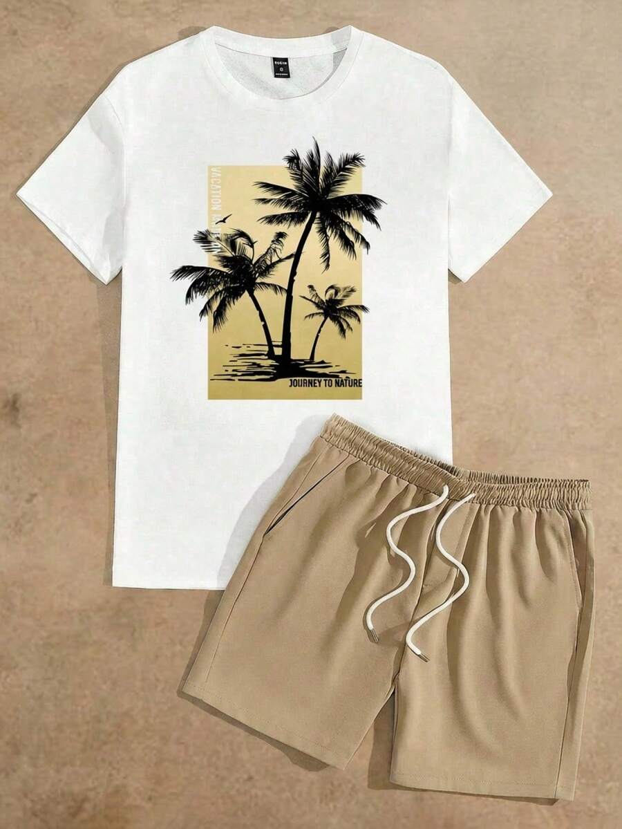 Manfinity VCAY White Fitted Knit T-Shirt And Shorts Set - Khaki - View 1