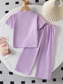 SHEIN Elladie kids Conjunto de 2 piezas de camiseta de manga corta con estampado de lazo rosa y pantalones lavanda para niña, primavera/verano - Púrpura malva - Ver 3