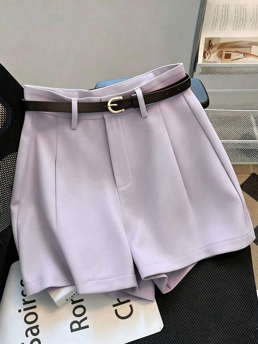 Franclia Celana Pendek Kasual untuk Komuter, Serbaguna, Pinggang Sedang-Tinggi, Dilengkapi Sabuk, Warna Polos Baru untuk Wanita, Cocok untuk Brunch, Warna Lavender - Purple - View 1