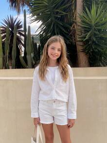 DAZY Versatile Loose Fit Turndown Collar All-Match Tween Girls Shirt - White - View 2