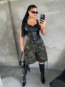 女士迷彩印花休闲宽松口袋牛仔工装短裤 - 軍綠色 - 查看 5