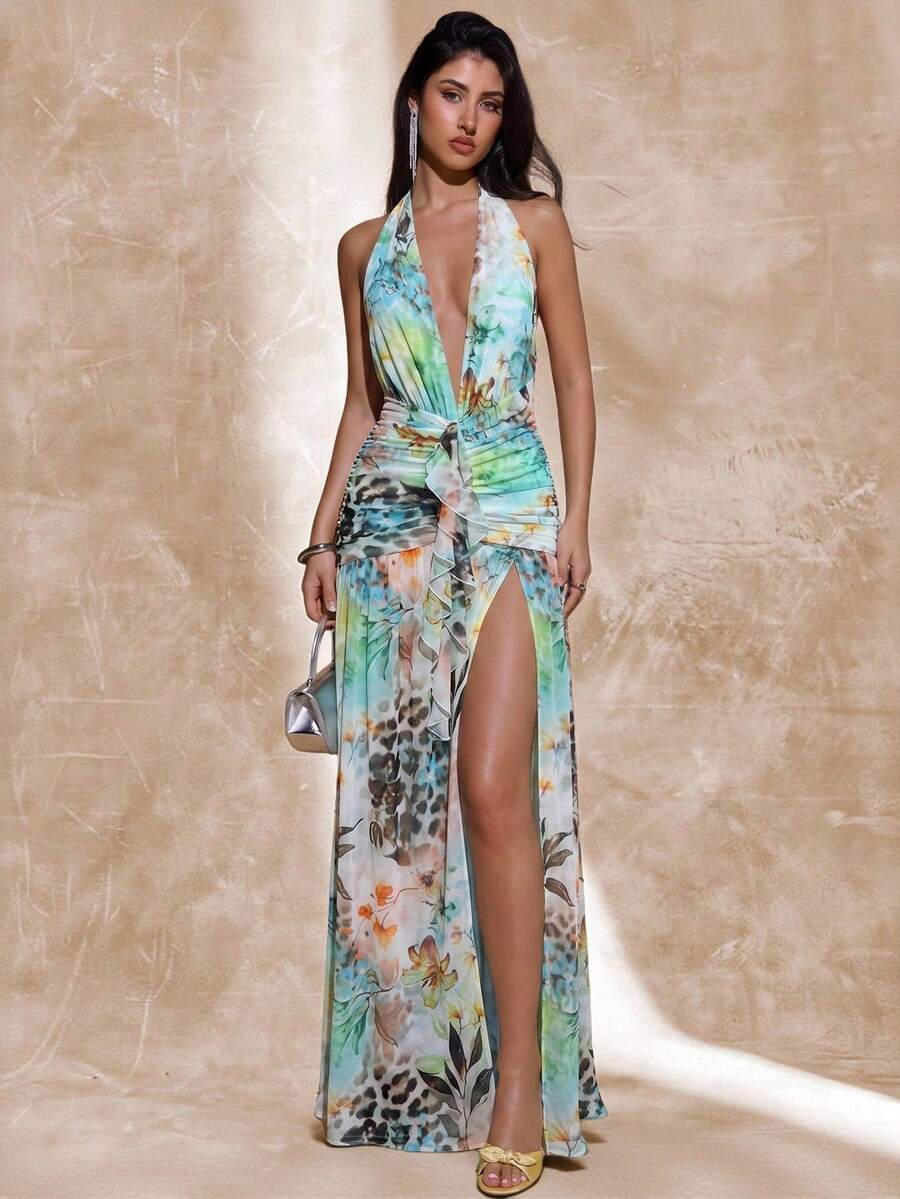 SHEIN BAE 女士纯蓝色、豹纹、花卉印花度假风深V领露背高开衩透视长裙,沙滩度假连衣裙,性感优雅连衣裙,露背连衣裙 - 薄荷綠 - 查看 1