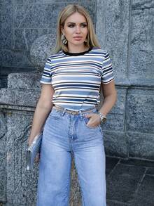 Elenary Edit Women's Casual Striped Short Sleeve Round Neck T-Shirt, Autumn Summer - Blue and White - View 1