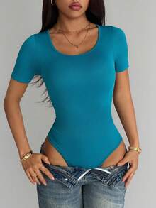 Dewbera Seamless Knit Hollow-Out Backless Square Neck Women Sports Jumpsuit - Dusty Blue - View 5