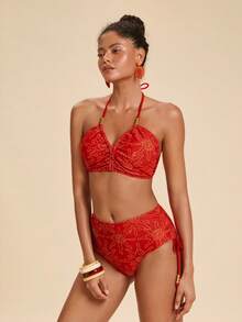 Travachic Conjunto de bikini de tankini con cuello halter y drapeado con estampado total para mujer - Multicolor - Ver 5