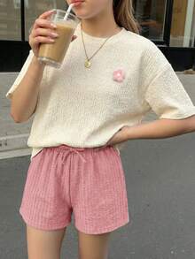 SHEIN Bộ đồ hai mảnh LMoss Kids dành cho bé gái tuổi teen, màu trơn, gồm áo dệt kim tay ngắn cổ tròn và quần short rộng, kiểu dáng thường ngày. - Hồng - Xem 2
