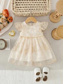 Newborn Baby Girl Elegant Cute White Mesh Embroidered Ruffle Hem Dress - Multicolor - View 8