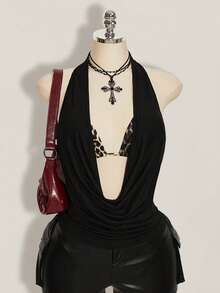 SHEIN ICON 女士加大码复古性感时尚个性休闲千禧风Y2K都市摩登大胆前卫黑色吊带上衣豹纹吊带系带文胸两件套吊带背心 - 黑色 - 查看 4