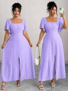 Roveilla Plus Size Solid Color Ruffle Trim Square Neck Cinched Waist Dress - Purple - View 1