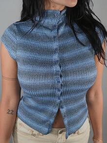 Dania Mndz Shop 女士休闲条纹 Polo 领短袖前扣 T 恤 - 藍色 - 查看 3