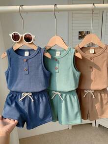 SHEIN 6pcs/Set Baby Boy Cute Casual Knit Vest & Shorts Set, Summer Basic Multi-Pack - Multicolor - View 8