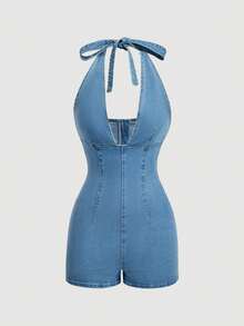 SHEIN Bộ áo liền quần denim ôm sát cổ yếm gợi cảm dành cho nữ - Màu xanh lam - Xem 1