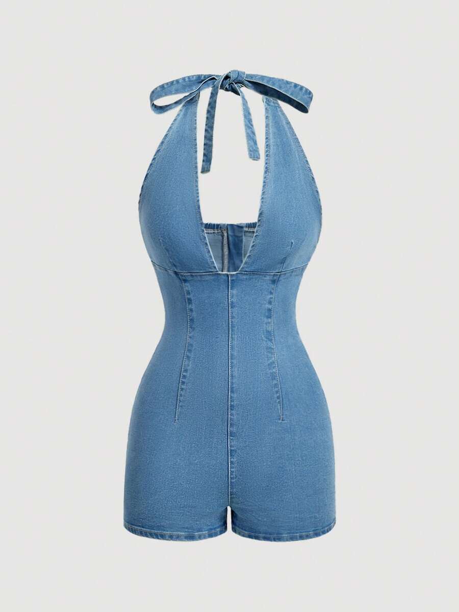 SHEIN Bộ áo liền quần denim ôm sát cổ yếm gợi cảm dành cho nữ - Màu xanh lam - Xem 1