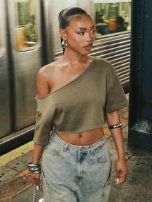 Denimoi Off Shoulder Raw Edge Crop Top Fashionable Streetwear Lounge Wear Everyday Wear - Grey - View 1
