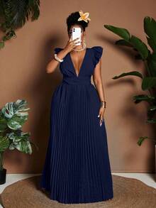 Maweii Plus Size V-Neck Cap Sleeve Ruched Backless Elegant Dress - Navy Blue - View 3