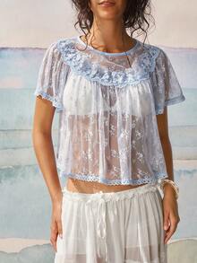 SoleilVie Blusa elegante y romántica de mujer con cuello redondo y mangas acampanadas con encaje - Azul - Ver 4