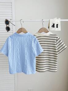 SHEIN 2件套男童可爱休闲夏季条纹短袖polo衫，适合生日派对、晚宴、演出、婚礼、洗礼和学校假期穿着。 - 彩色 - 查看 2