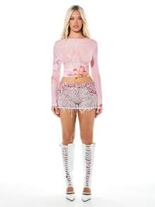 SUMWON WOMEN Floral Print Mesh Long Sleeve Top With See Through Panels And Crew Neckline For Spring Summer Casual Wear - Pink - View 3