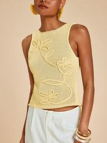 Travachic Yellow 3D Floral Knit Vest, Casual Summer - Yellow - View 6