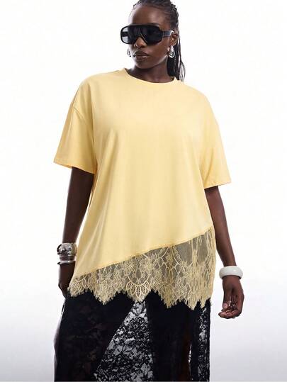 LYSMO Plus Size Asymmetric Hem Lace Loose Short Sleeve T-Shirt, Summer Top, Asymmetric Lace Blouse, Women Plus Size T-Shirt