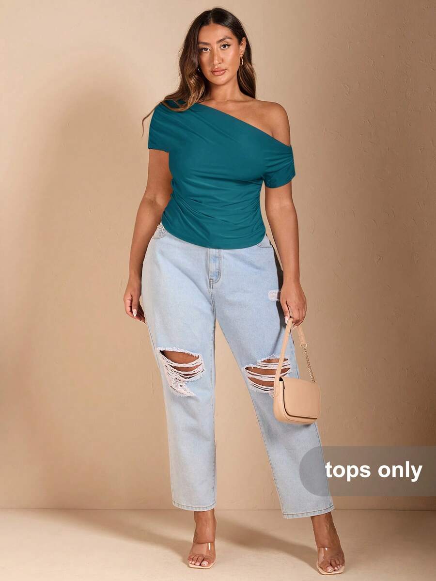 SHEIN BAE Plus Size Women's Off Shoulder Short Sleeve Black T-Shirt - Teal Blue - View 1