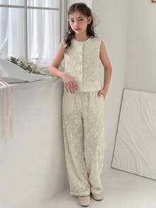 Hapijoa 青少年女孩單排扣圓領T恤與長褲休閒日常套裝 夏季 - 杏色 - 查看 5