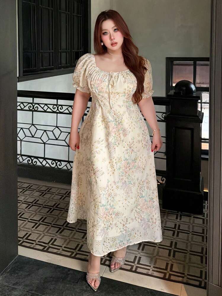 Dazy Plus French Romantic Floral Petal Sleeve Dress, Waist Cinching Slimming Chiffon Dress For Plus Size Women, Summer