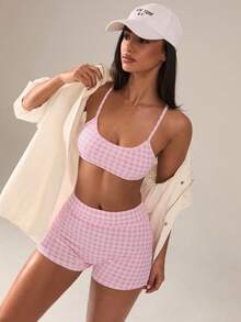 SHEIN BAE 女士格子吊带背心和短裤休闲运动套装 - 粉色 - 查看 6