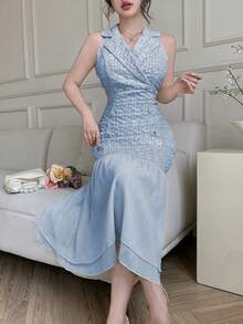 Modelyn Đầm vàng jacquard phối họa tiết chắp vá, cổ áo blazer thanh lịch, cài hai hàng khuy bằng vải chiffon. - Màu xanh lam - Xem 5