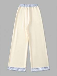 Franclia Plus Size Fashion Versatile Casual Straight Leg Plaid Patchwork Bow Loose Pants Gym Brown Autumn - Yellow - View 2