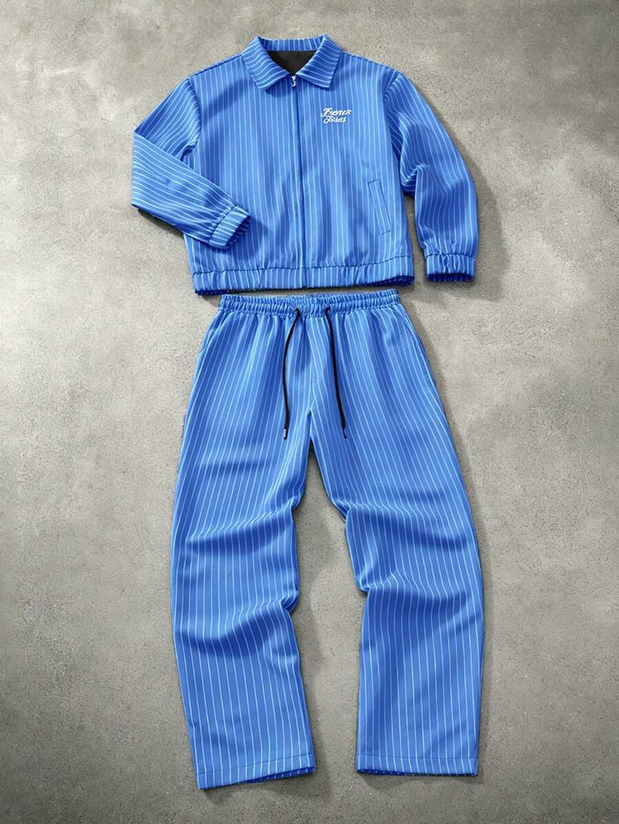 STYNVO 男士字母条纹长袖拉链外套和裤子休闲套装 - 藍色 - 查看 1