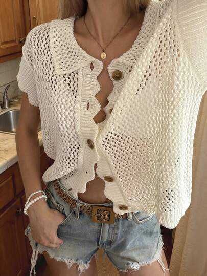 DAZY Women's Fashion Versatile Vacation Hollow Out Single-Breasted Knit Lightweight Cardigan