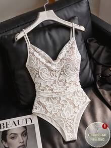 女士连体衣，女士春夏新款连体衣，女士夏季套装，女士度假连体衣，女士休闲套装，女士白色连体衣，女士蕾丝印花连体衣，女士时尚休闲连体衣，女士无袖连体衣，女士深V领连体衣，女士褶皱吊带连体衣，女士时尚休闲连体衣，适合日常穿着、度假、海滩 - 彩色 - 查看 3