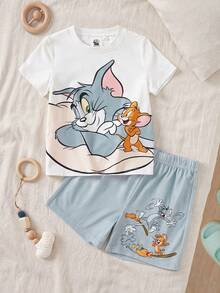 TOM & JERRY X SHEIN 卡通印花圆领短袖上衣和休闲短裤睡衣套装，适合小男孩 - 白色 - 查看 1
