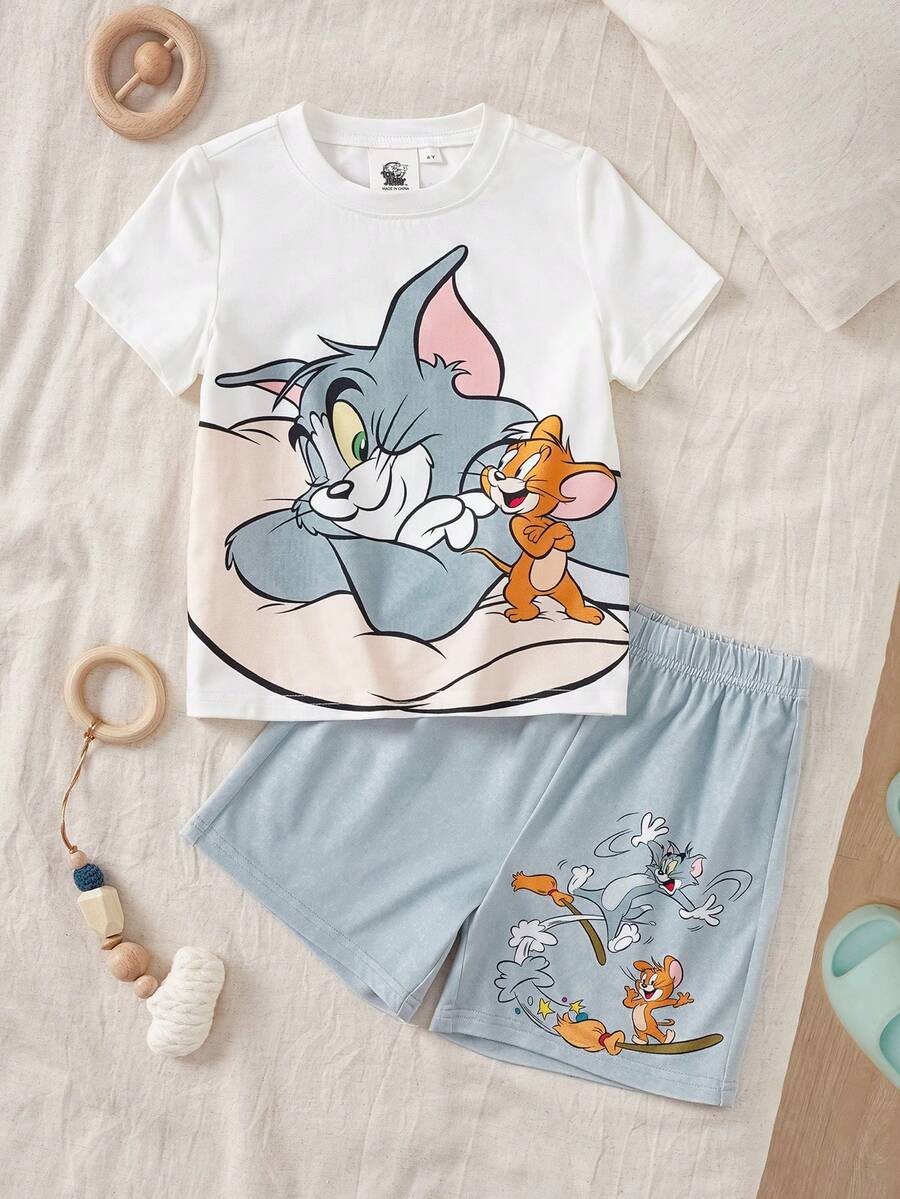 TOM & JERRY X SHEIN 卡通印花圆领短袖上衣和休闲短裤睡衣套装,适合小男孩 - 白色 - 查看 1