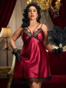 PinupPomp Color Block Lace Deep V-Neck Plus Size Silk-Like Satin Nightgown Pajama Dress - Burgundy - View 3