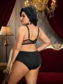 PinupPomp 2pcs Plus Size Women Sexy Lace Patchwork Underwire Bra Set - Multicolor - View 6