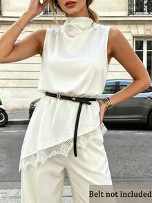 SHEIN PariChic Ins Blogger Favorite Summer French Luxury Satin Mock Neck Sleeveless Blouse, Waist-Cinched Hem Lace Splicing Slit Elegant Shirt, Daily Office Versatile Premium Layering Basic Tank Top Sleeveless Blouse Women White Sleeveless Top Lace Trim Top Elegant Top For Woman White Summer Outfits For Women - White - View 1