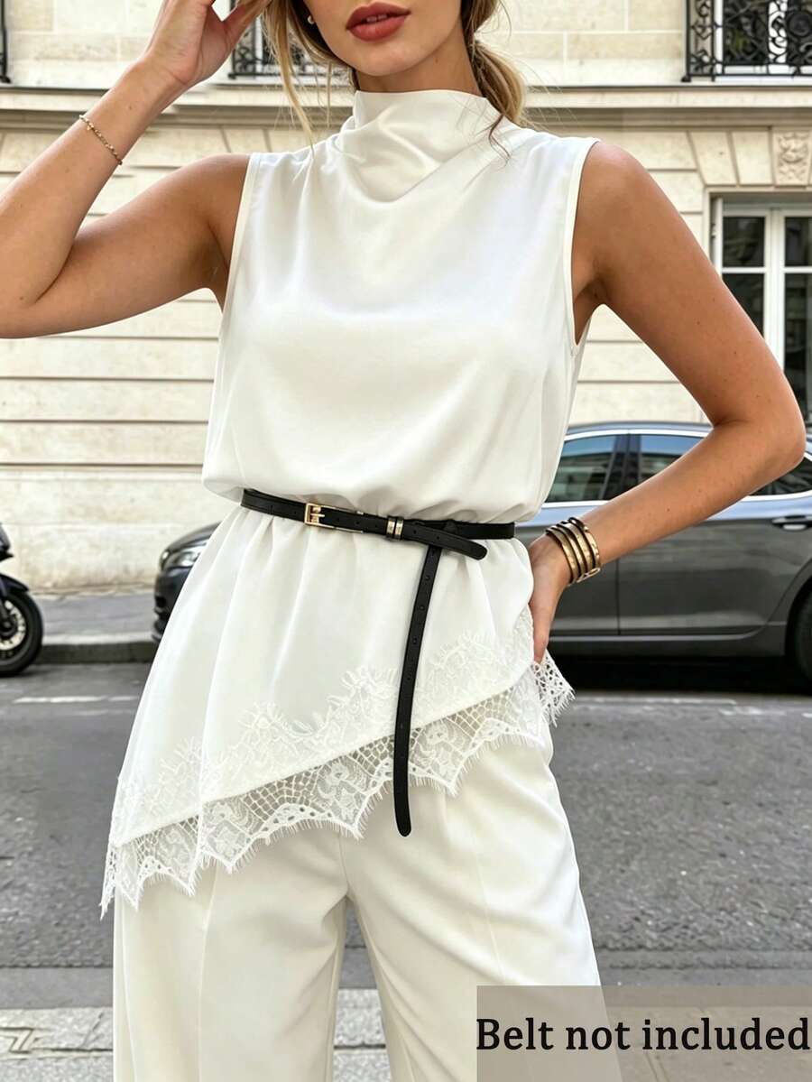 SHEIN PariChic Ins Blogger Favorite Summer French Luxury Satin Mock Neck Sleeveless Blouse, Waist-Cinched Hem Lace Splicing Slit Elegant Shirt, Daily Office Versatile Premium Layering Basic Tank Top Sleeveless Blouse Women White Sleeveless Top Lace Trim Top Elegant Top For Woman White Summer Outfits For Women - White - View 1